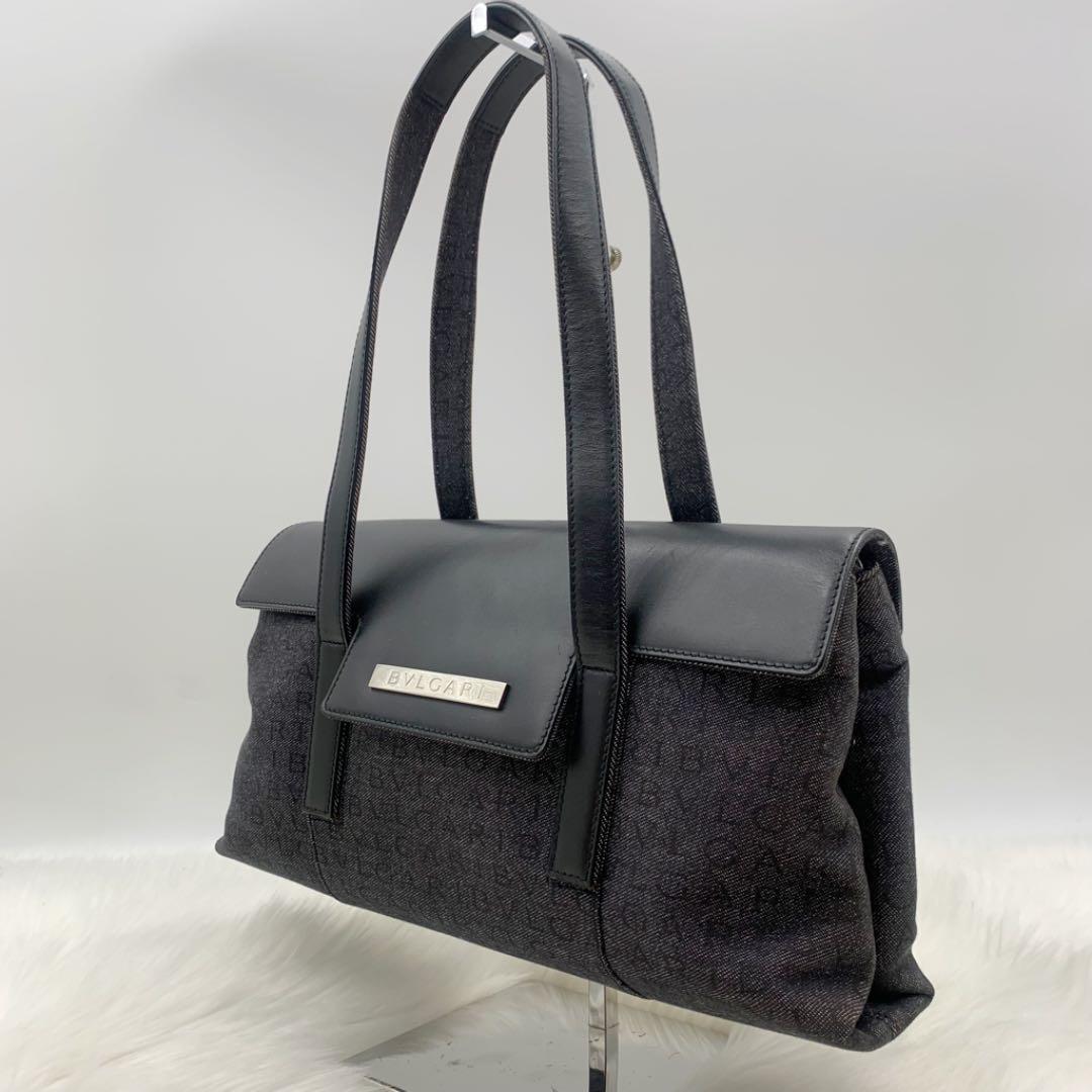 《美品》ブルガリ　ハンドバッグ　ショルダーバッグ　ロゴマニア　レザー　デニム