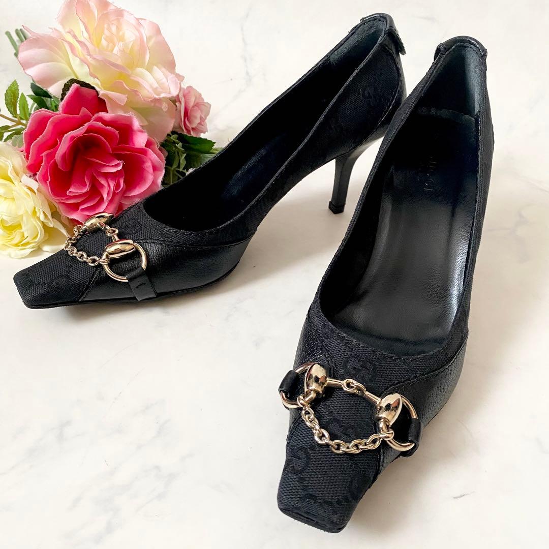 未使用品✨ GUCCI　GG柄　スクエアトゥ　パンプス　チェーン　ブラック