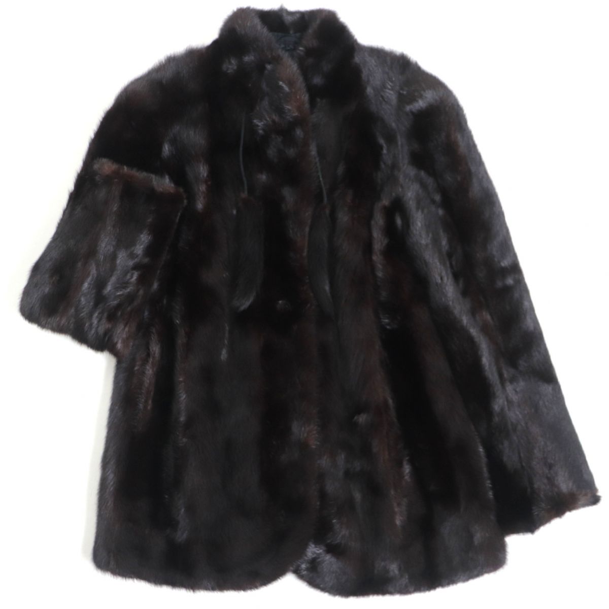 美品▼MINK　ミンク　逆毛切替　房付き　裏地花柄刺繍入り　本毛皮コート　ダークブラウン　毛質艶やか・柔らか◎【中古】