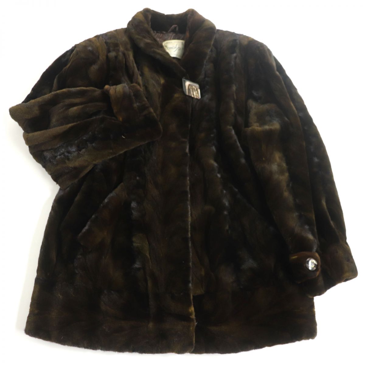 良品★MINK　ハーフシェアードミンク　裏地ペイズリー柄デザイン　本毛皮コート　カーキ系　毛質艶やか・柔らか◎【中古】