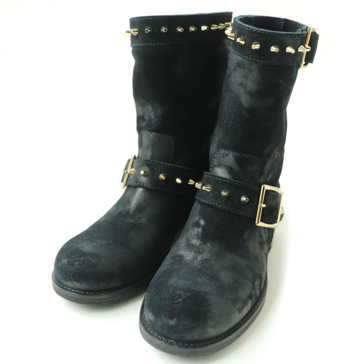 【ドンドン見直し】極美品☆JIMMY CHOO ジミーチュウ 144DASH ワックス加工 スタッズ付 スウェードレザー バイカーブーツ ブラック 36 箱・保存袋付 伊製【中古】