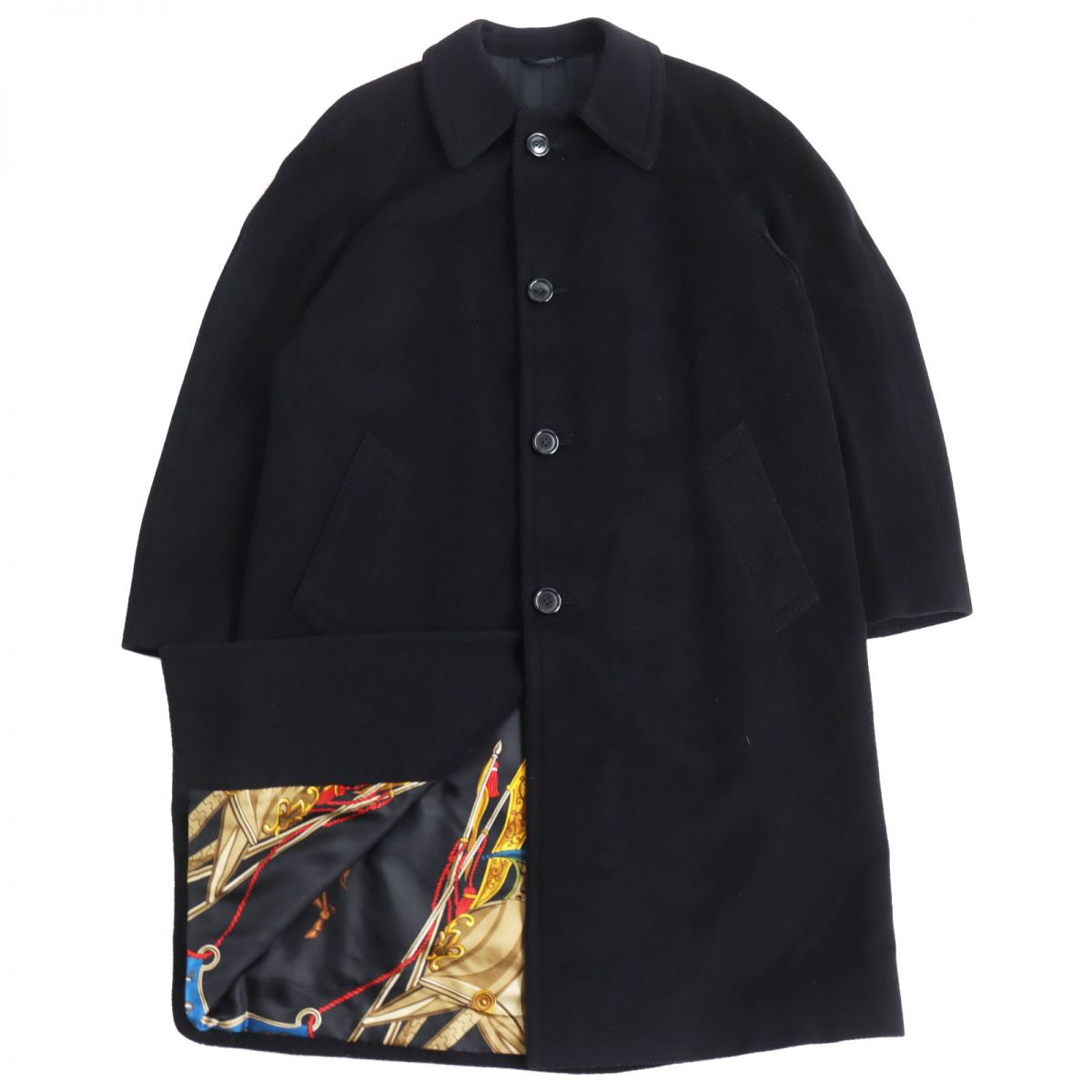 【ドンドン見直し】美品●希少 HERNO ヘルノ ヴィンテージ ウール系 裏地総柄 ロング丈 オーバーシルエットコート/ステンカラーコート ブラック 48 イタリア製【中古】
