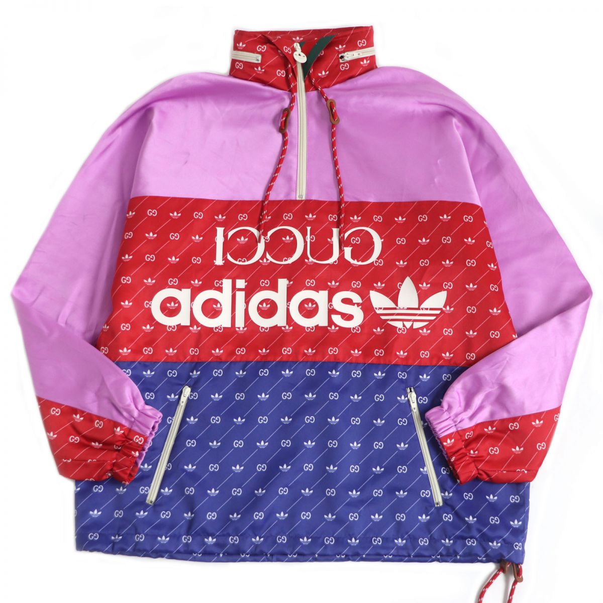 【ドンドン見直し】美品□22SS グッチ×アディダス 691429 GG トレフォイル ロゴ総柄 フード入り アセテートジャケット/アノラックパーカー マルチ 46 伊製【中古】
