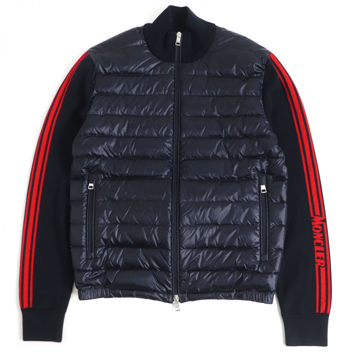 極美品□2019年製 MONCLER/モンクレール CARDIGAN TRICOT アームロゴ サイドライン ニット切替 ダウンジャケット ネイビー M 国内正規品【中古】