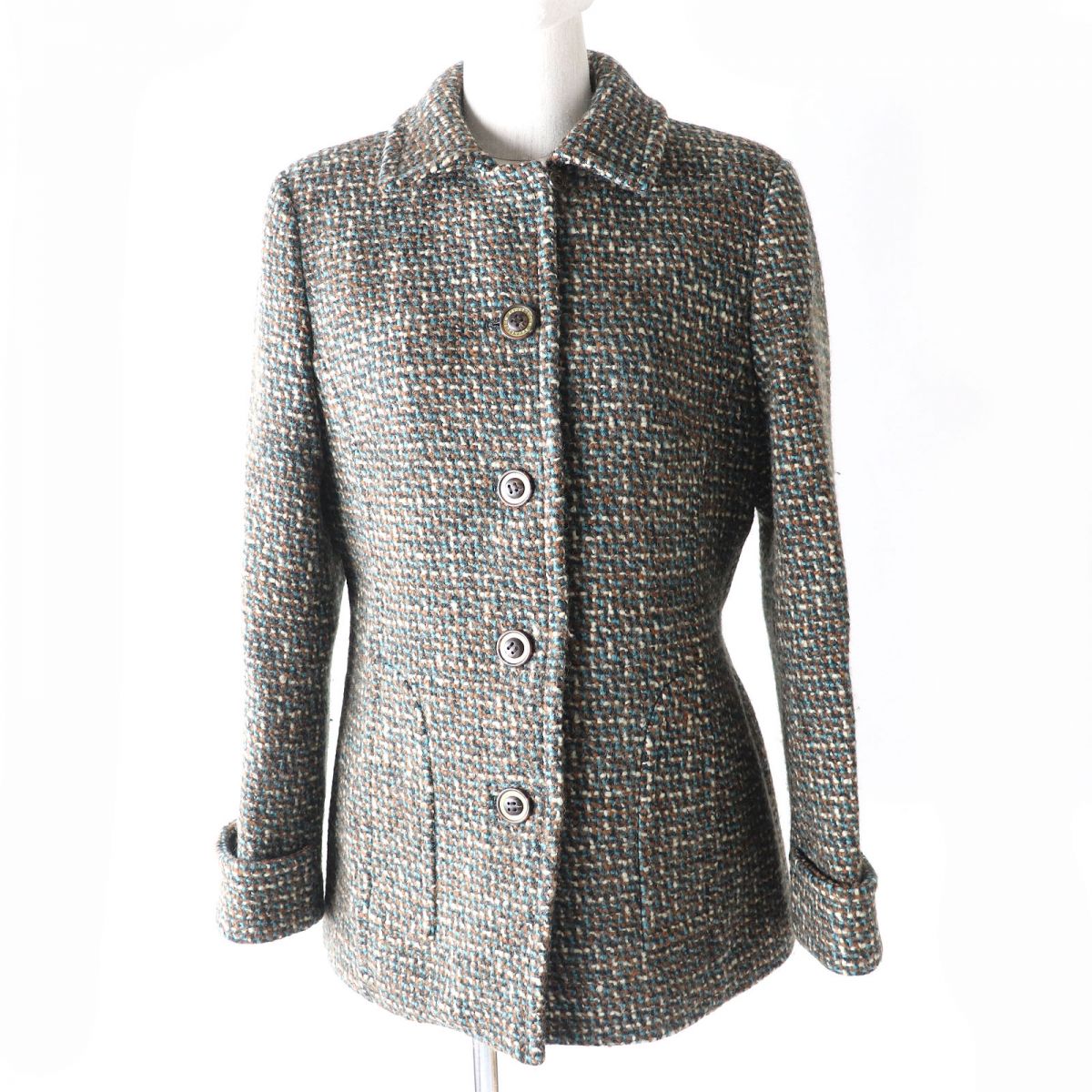極美品△正規品 Aquascutum アクアスキュータム レディース ロゴボタン付き ショート丈 ウールツイードコート／ジャケット ブラウン系(MIX)【中古】