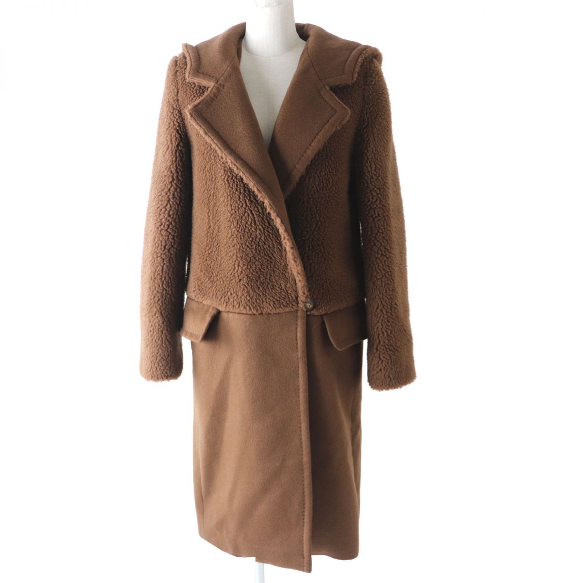 極美品◎正規品 イタリア製 MaxMara マックスマーラ 白タグ レディース キャメル×シルク テディベア切替 超ロングコート ブラウン 茶 36【中古】