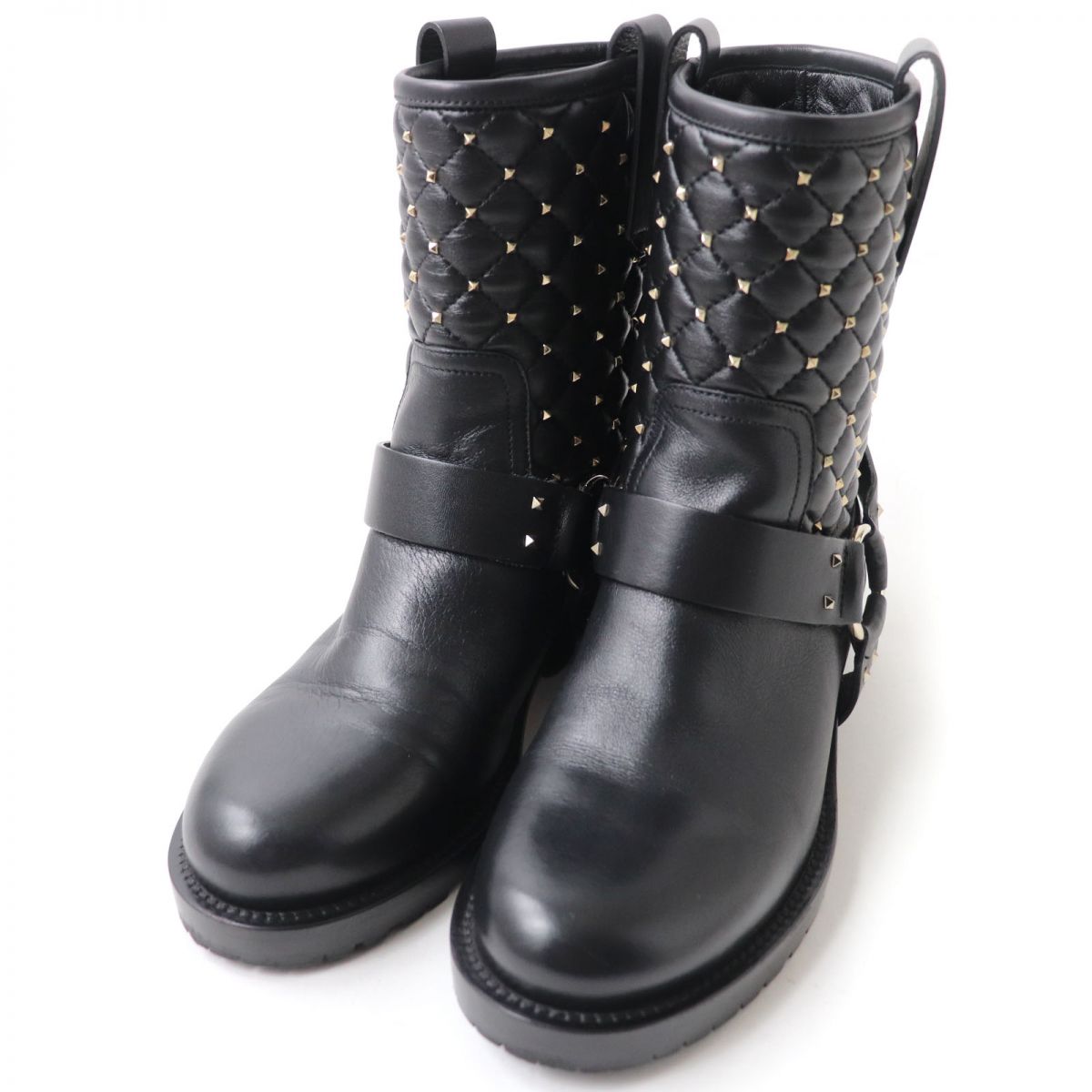 美品☆VALENTINO GARAVANI ヴァレンティノガラヴァーニ ロックスタッズ キルト レザー リングブーツ/ショートブーツ ブラック 35 伊製【中古】