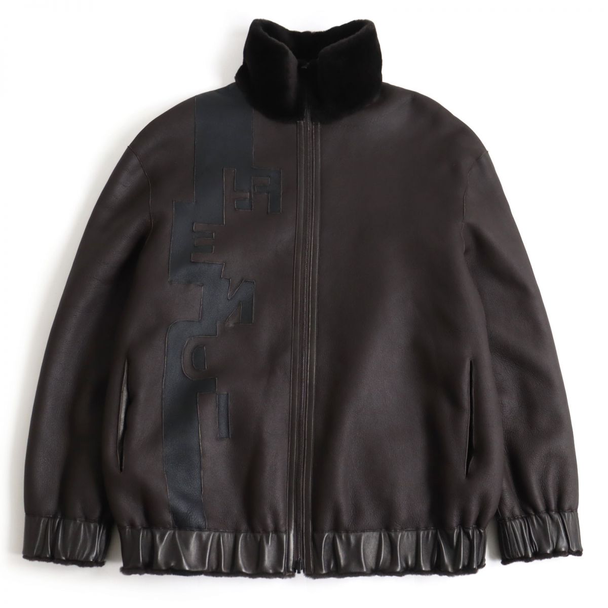 極美品□2019年製 FENDI/フェンディ FM0117 ロゴデザイン WZIP リバーシブル ラムレザー ムートンジャケット 茶 50 イタリア製 正規品【中古】