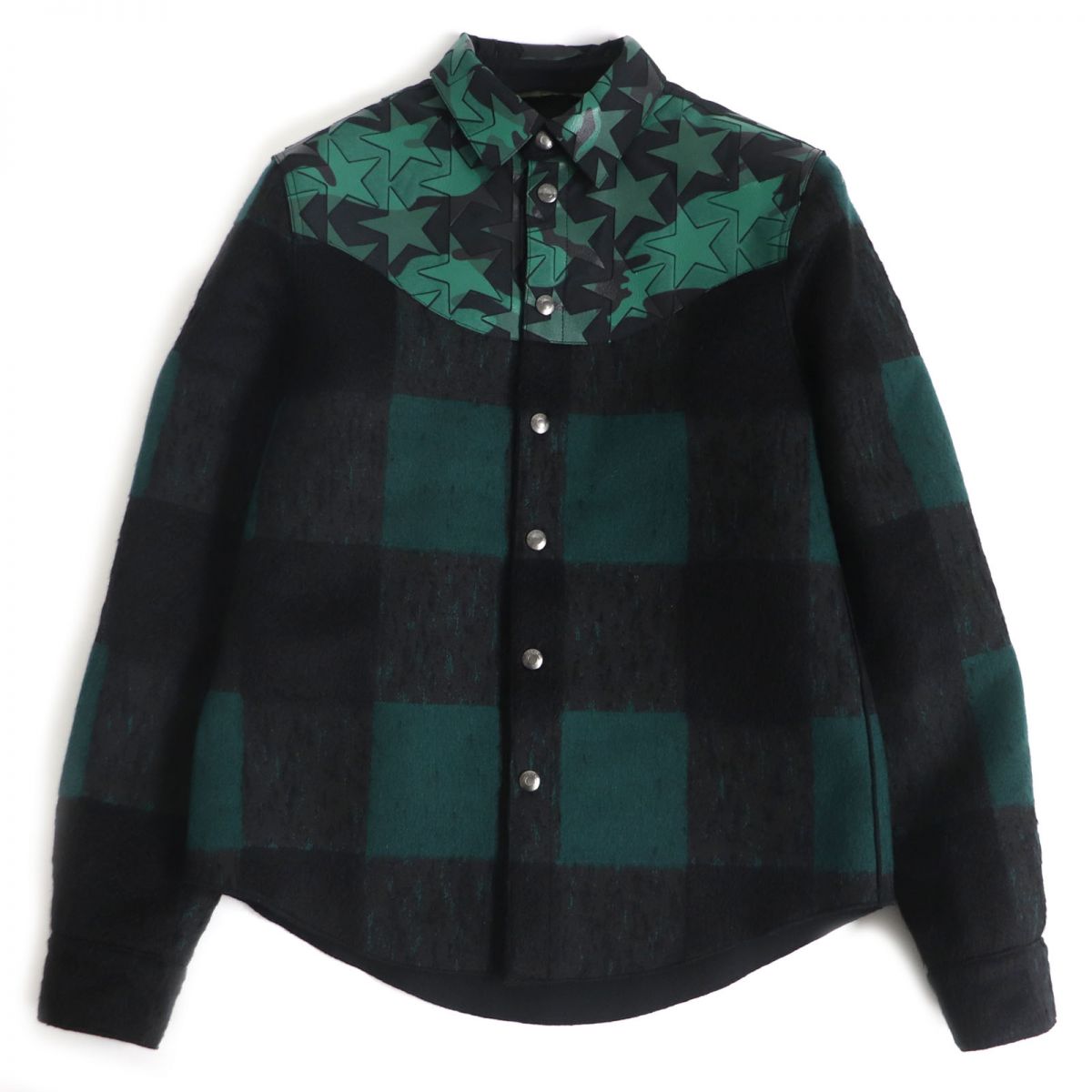 【ドンドン見直し】極美品□VALENTINO/ヴァレンティノ スターパッチ レザーヨーク チェック柄 ウエスタン シャツジャケット ブラック/グリーン 44 伊製 正規品【中古】