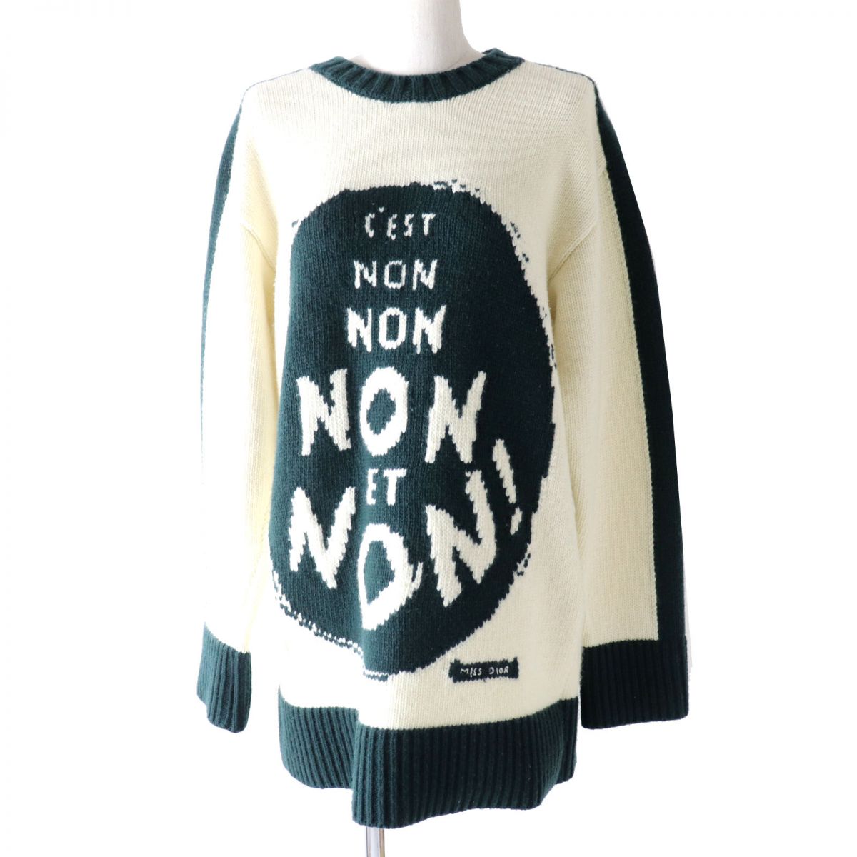 美品◎正規品 伊製 クリスチャン ディオール J ADIOR 8 854S19AM019 ウール×カシミヤ 長袖ニットプルオーバー 白×ダークグリーン 38【中古】