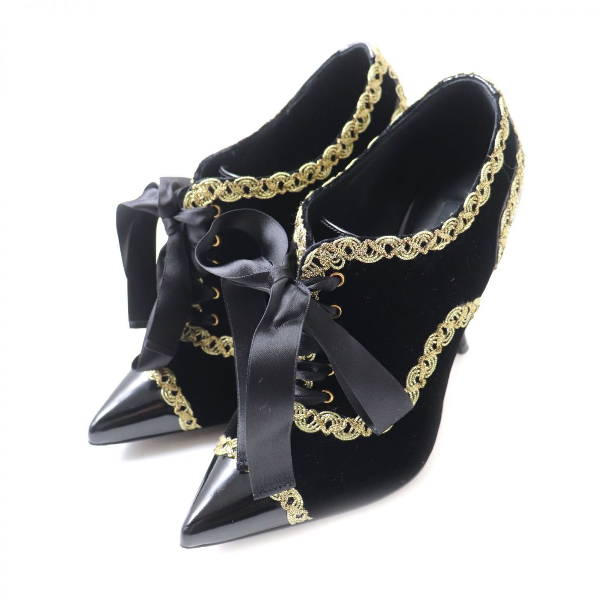 【ドンドン見直し】美品★DOLCE&GABBANA ドルチェ＆ガッバーナ ポインテッドトゥ レース装飾 ベロア×レザー パンプス／ブーティ 黒×金 36 伊製 箱・保存袋付【中古】