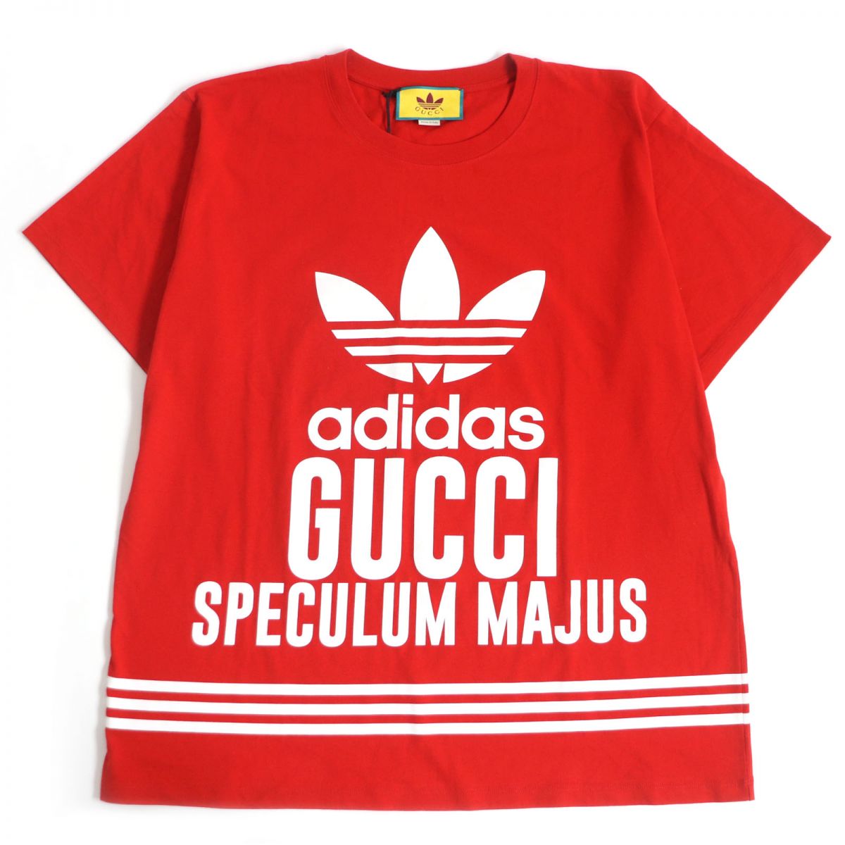 【ドンドン見直し】未使用品□22SS GUCCI×adidas グッチ アディダス 616036 トレフォイル ロゴプリント 半袖Tシャツ/カットソー レッド L イタリア製 正規品【中古】