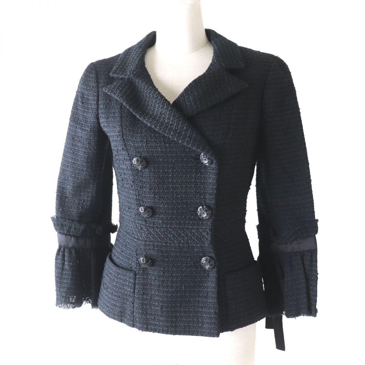 【ドンドン見直し】極美品◎正規品 仏製 CHANEL 09P P34949 レディース 袖リボン ココマークボタン ツイードダブルジャケット 裏シルク ブラック×ネイビー 34【中古】