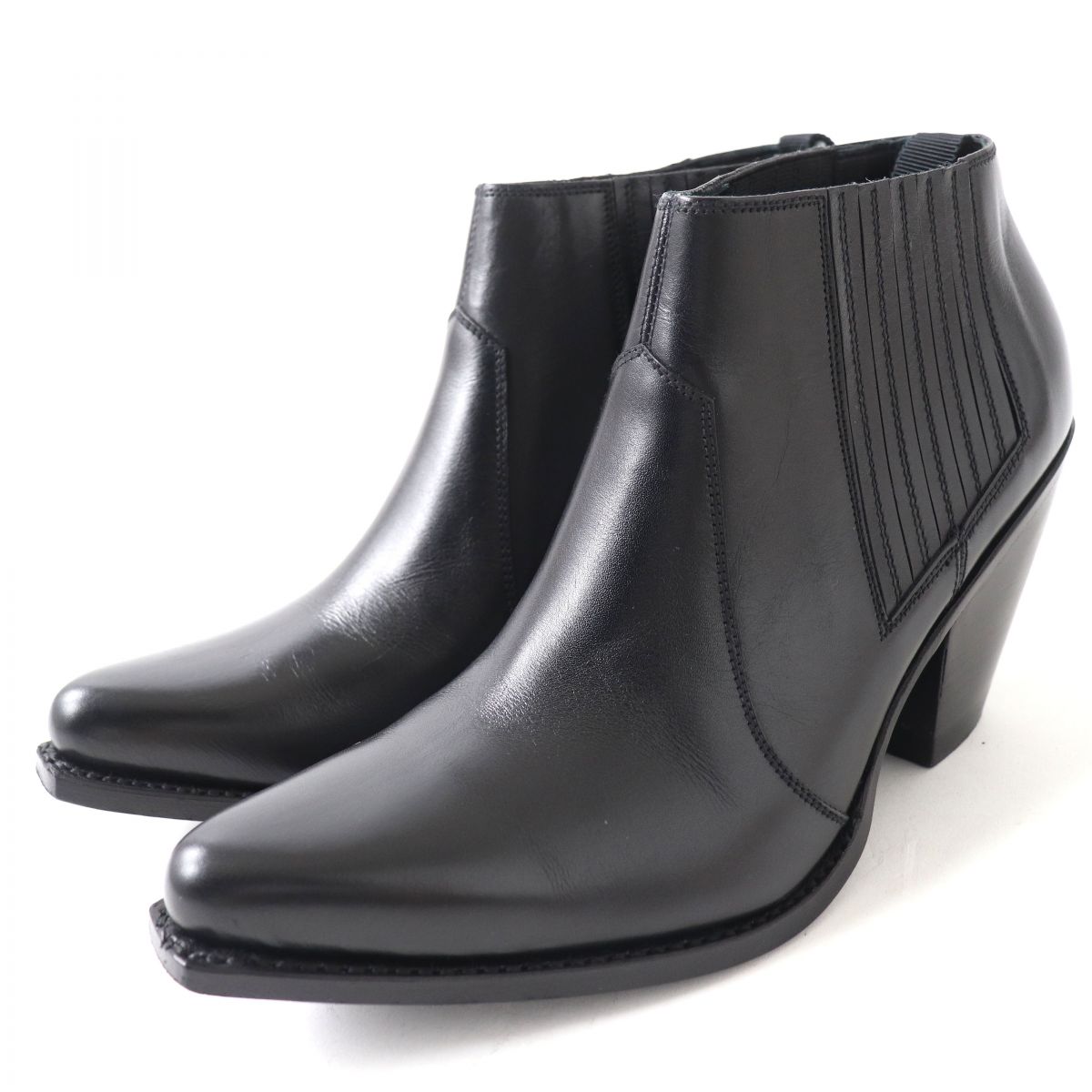 美品△CELINE セリーヌ サイドゴア ポインテッドトゥ レザー ブーティ／ショートブーツ チャンキーヒール ブラック 黒 レディース 37 人気【中古】
