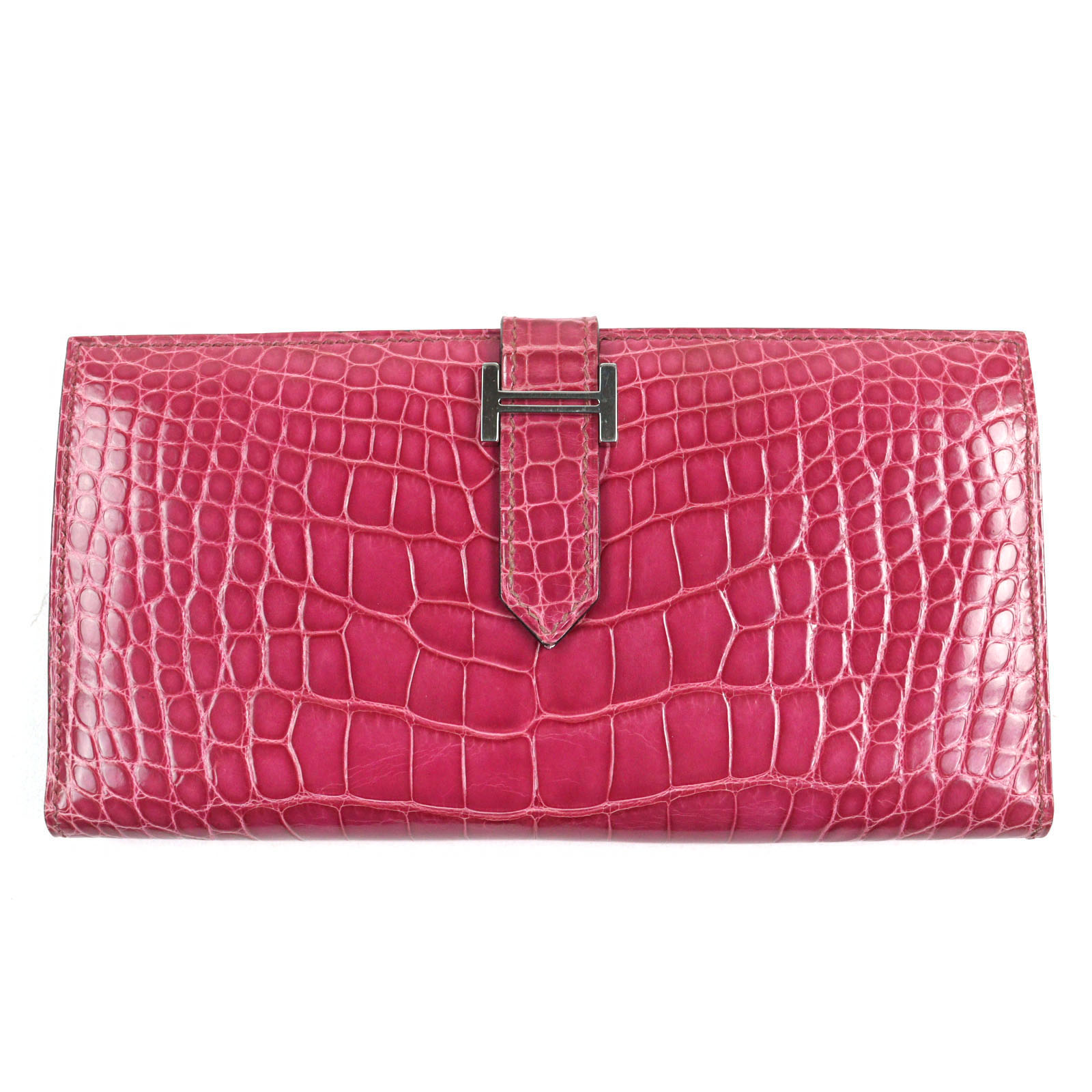 【ドンドン見直し】美品●HERMES エルメス ベアンクラシック アリゲーター シルバー金具 長財布/ロングウォレット ローズシェヘラザート フランス製 □J刻印