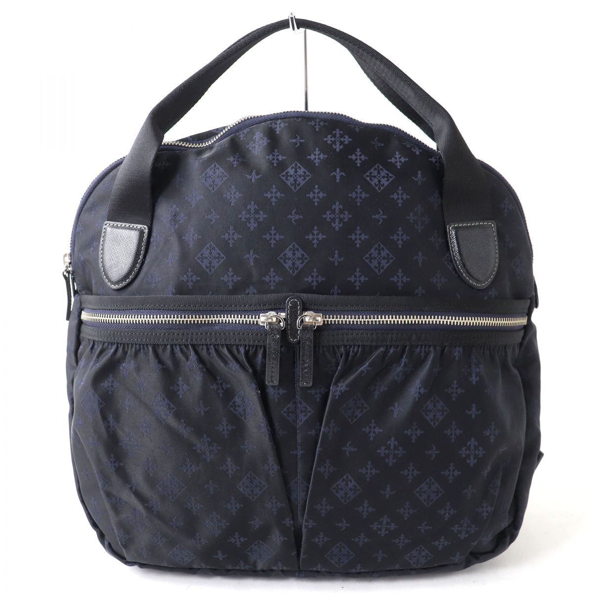 【ドンドン見直し】極美品△正規品 russet for Traveller ラシットフォートラベラー ナイロン ジャガード レザー使い ハンド トートバッグ ダークネイビー【中古】