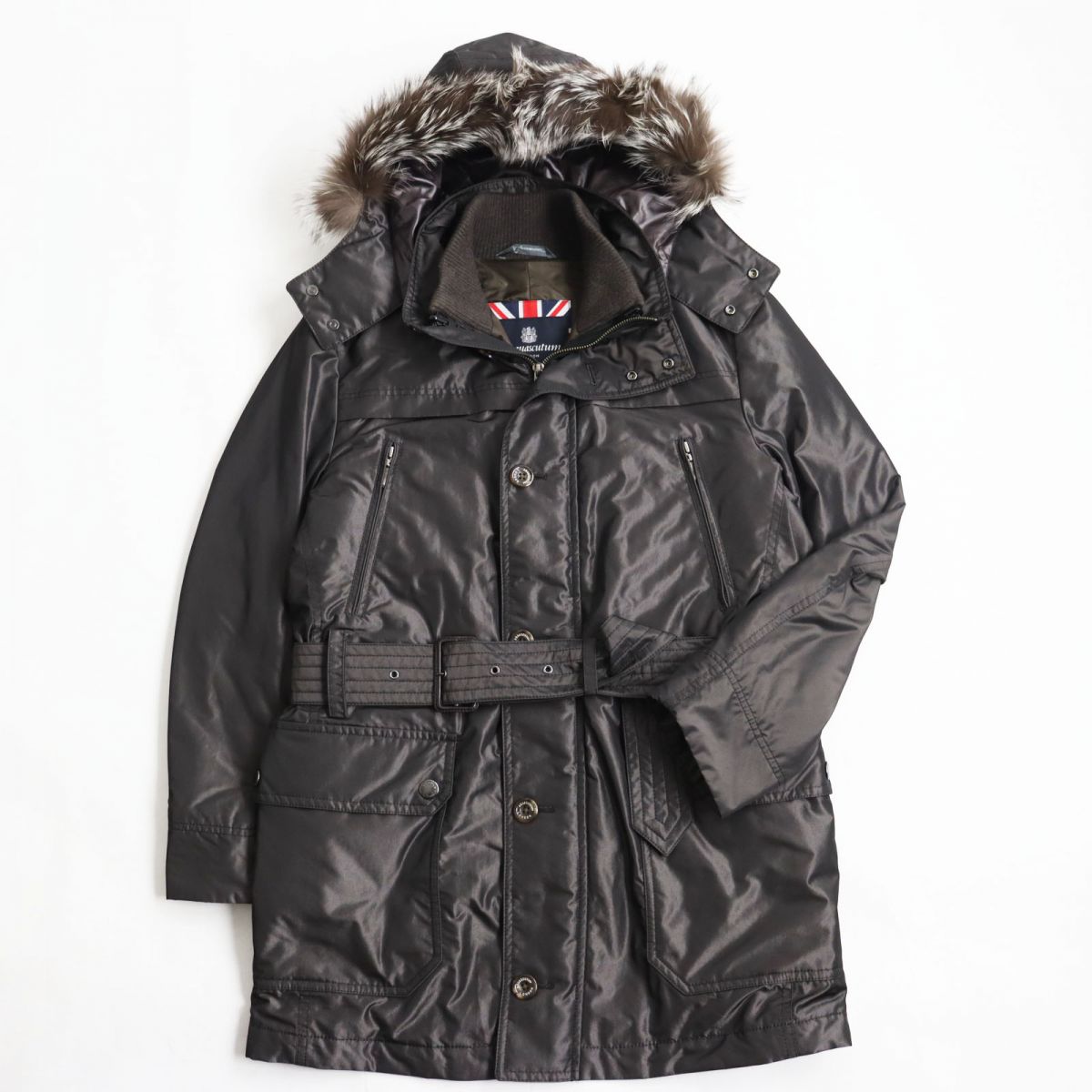美品●Aquascutum アクアスキュータム 裏地カシミヤ混 3way ダウンライナー/フォックスファー/ベルト付き ダウンコート メンズ ブラウン M 正規品【中古】
