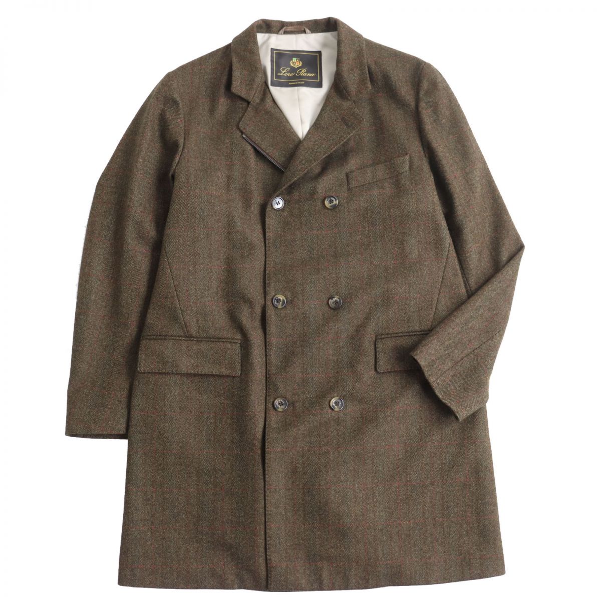 美品●Loro Piana ロロピアーナ ヴァージンウール100％ ストームシステム ダブルブレスト ツイードロングコート ブラウン系 48 伊製 正規品【中古】