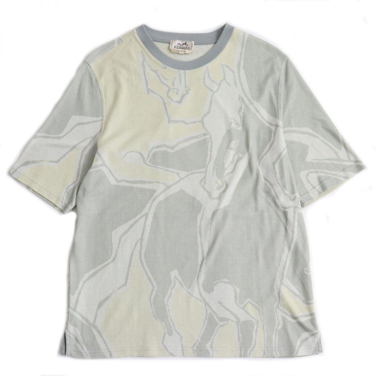 【ドンドン見直し】極美品●2021年製 HERMES エルメス コットン100％ 鹿の子生地 Dance of Horses Light ショートスリーブ/半袖 クルーネック Tシャツ/カットソー マルチカラー L イタリア製 正規品 メンズ 【中古】