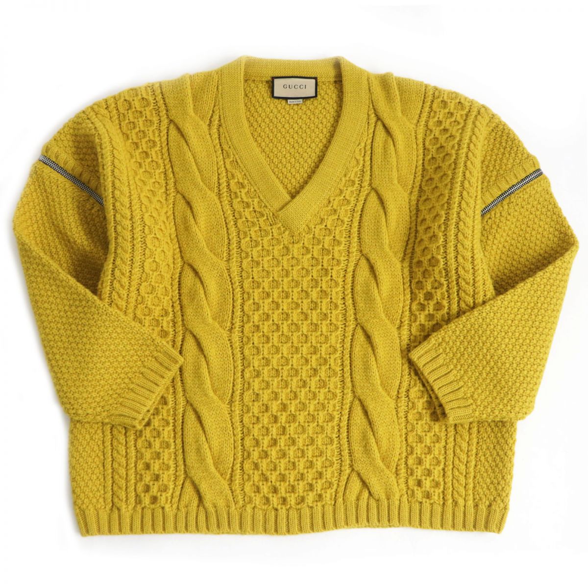 極美品□21AW GUCCI/グッチ 673684 デタッチャブルスリーブ Vネック ウール 2WAY 長袖 ケーブルニット/セーター XL マスタード 伊製 正規品【中古】