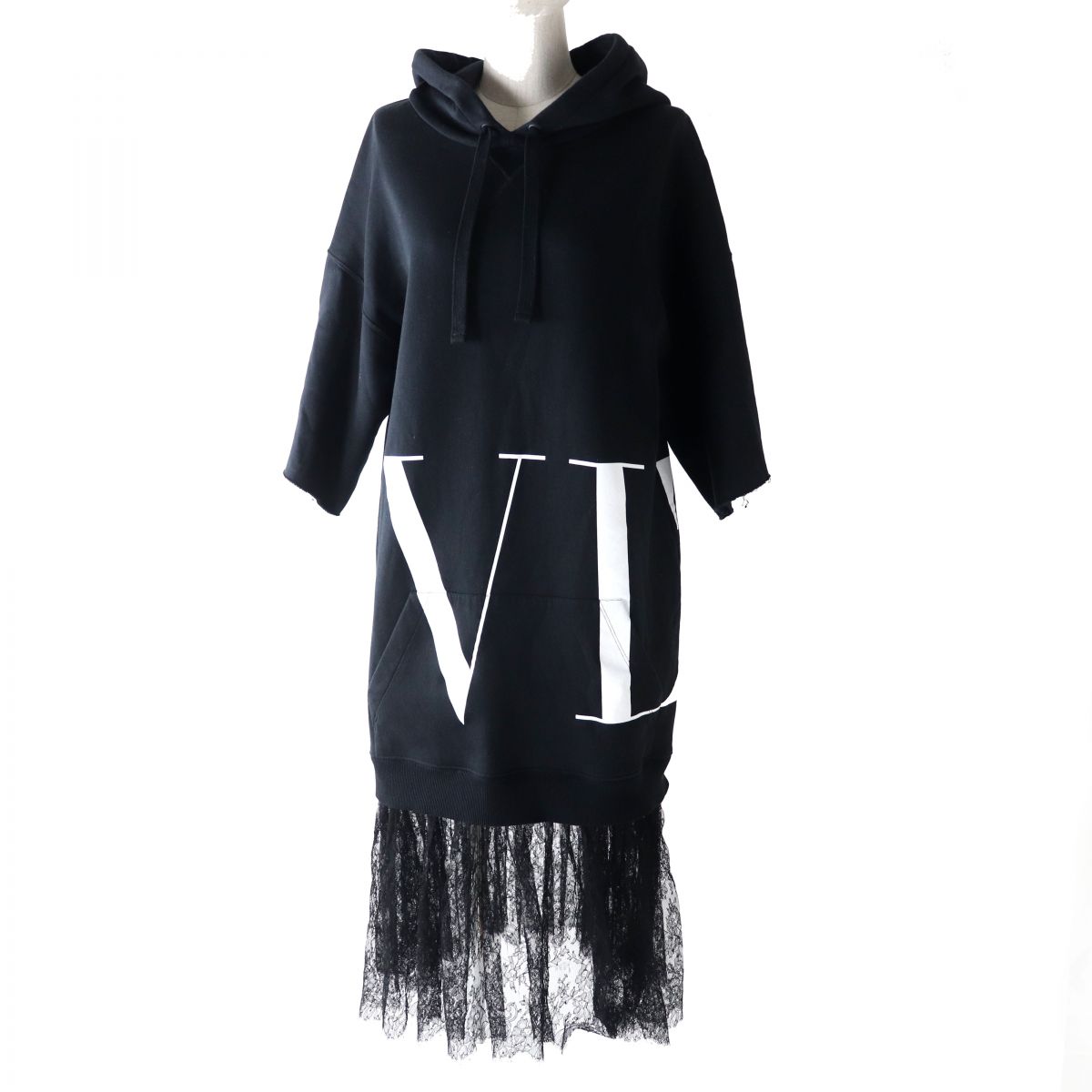 【ドンドン見直し】極美品◎正規品 伊製 VALENTINO ヴァレンティノ SB3MJ00J4TA レディース レース切替 VLTNロゴ ショートスリーブ パーカーワンピース 黒 M【中古】