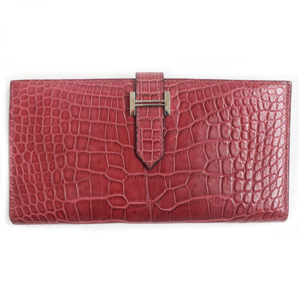 【ドンドン見直し】美品□HERMES/エルメス ベアンクラック Hロゴ シルバー金具 アリゲーター レザーロングウォレット/長財布 ルージュ系 仏製 □F刻印入り【中古】