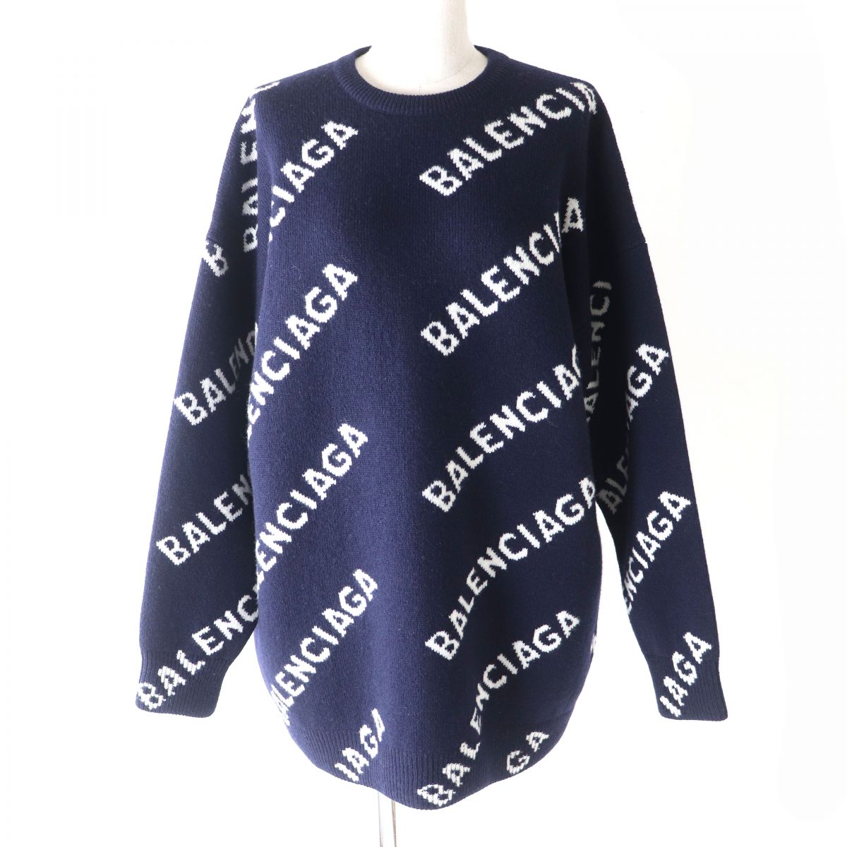 極美品△正規品 BALENCIAGA バレンシアガ 20SS 620983 ALLOVER LOGO クルーネック ジャガードロゴ ニット セーター レディース ネイビー M【中古】