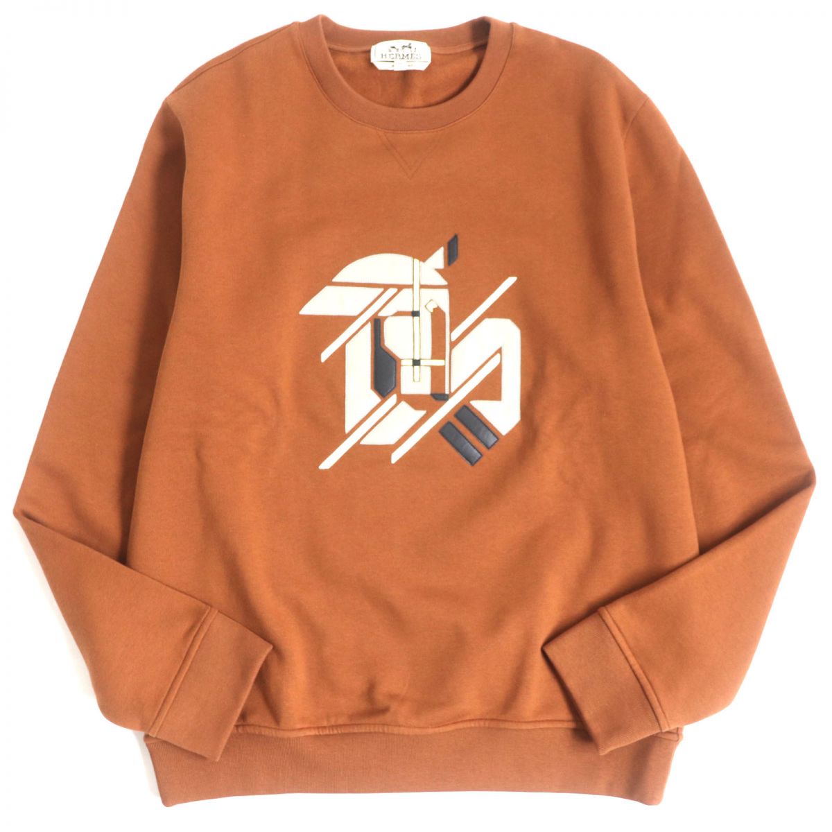 未使用品▼23SS HERMES エルメス シュヴォー・アン・シンメトリー レザーパッチ スウェット 茶 M メンズ 伊製 正規品 箱付き【中古】