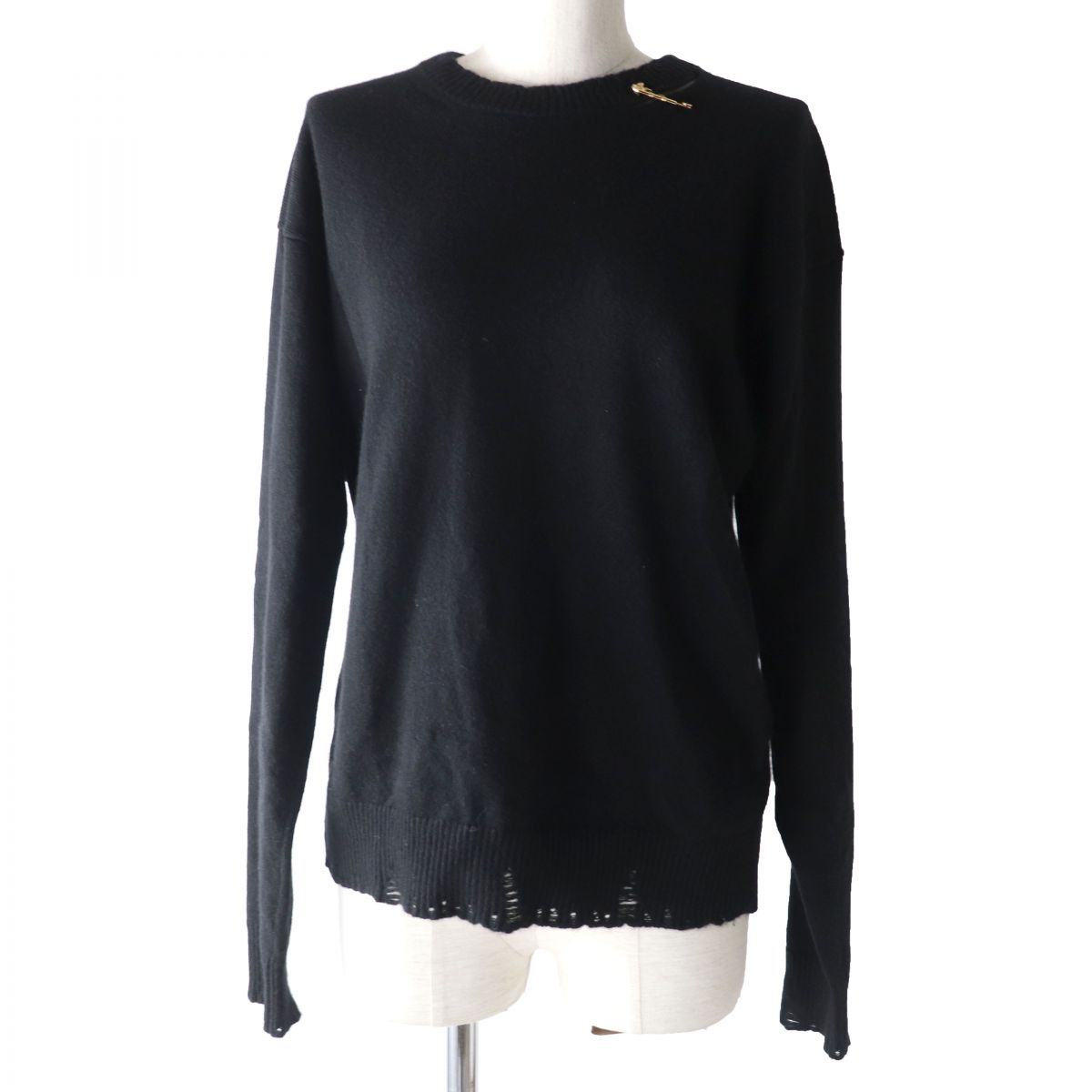 美品☆正規品 VERSACE ヴェルサーチ 20年 A86874 メデューサピン付き ダメージ加工 長袖 カシミヤ ニット トップス ブラック 38 イタリア製【中古】