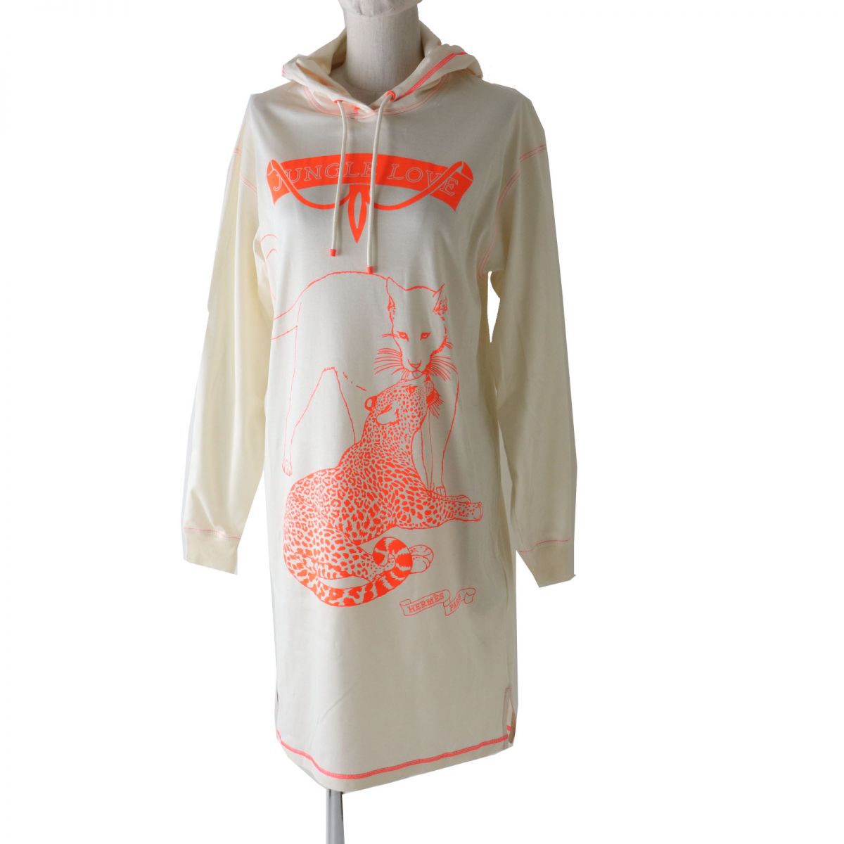 極美品◎正規品 仏製 HERMES エルメス 22AW レディース JUNGLE LOVE ジャングルラブ パーカー／チュニック アイボリー×ネオンオレンジ 34【中古】