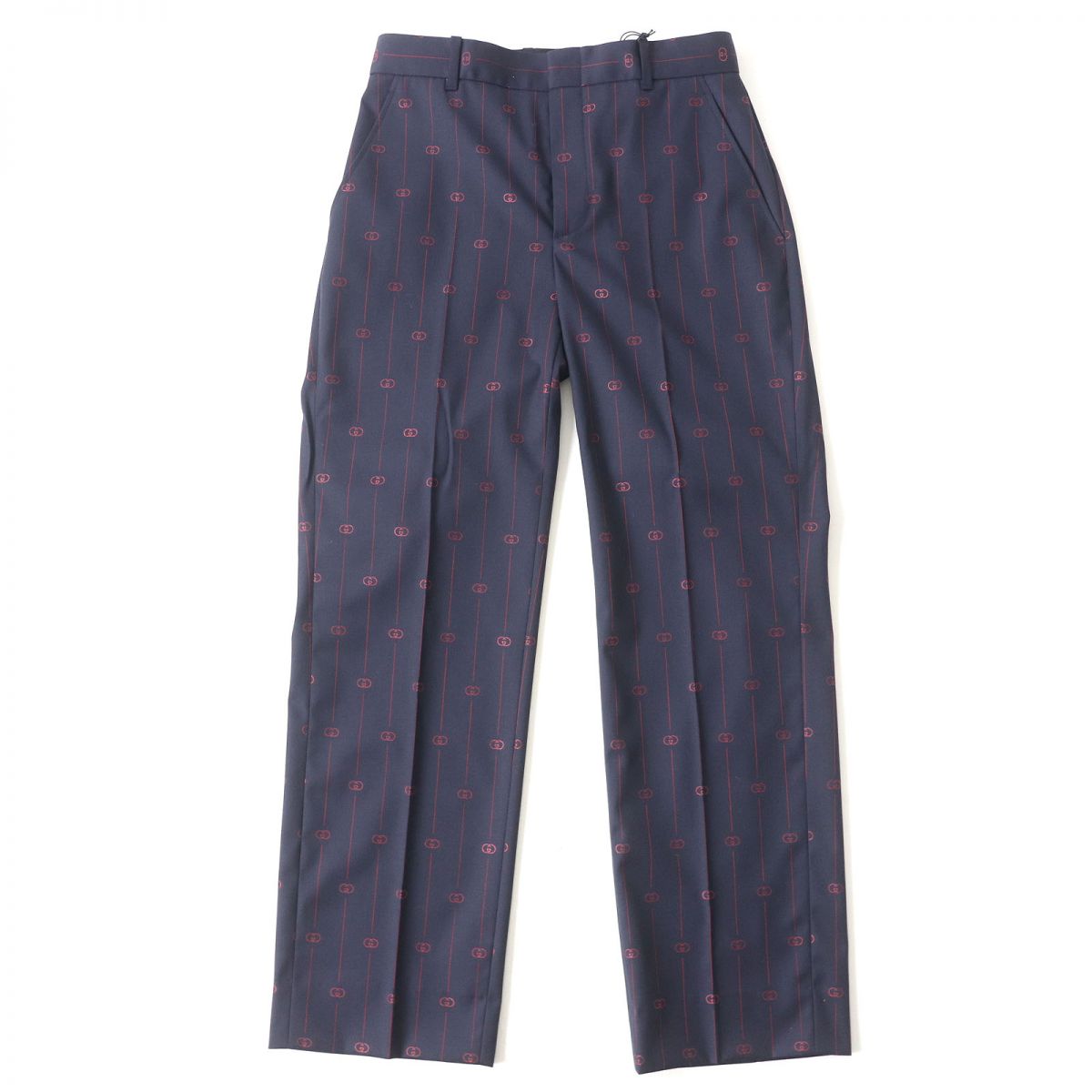 【ドンドン見直し】未使用品△正規品 GUCCI グッチ 22SS 595172 インターロッキングG トラウザーズパンツ/ワイドレッグパンツ ネイビー×レッド レディース 38【中古】