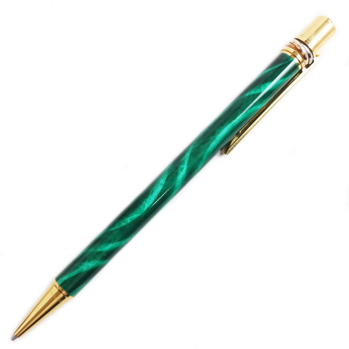【ドンドン見直し】良品●Cartier カルティエ トリニティ マラカイト ロゴ入り ツイスト式 ボールペン ゴールド×グリーン フランス製 筆記確認済み【中古】