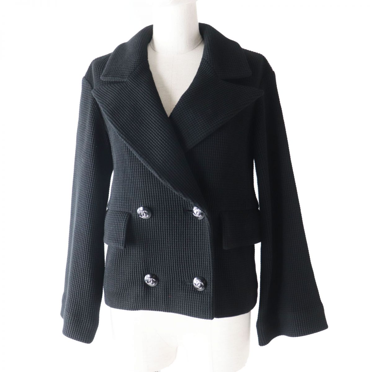極美品◎フランス製 CHANEL シャネル 21C P70001 レディース ラインストーンココマークボタン付き ワッフル ダブルジャケット ブラック 34【中古】