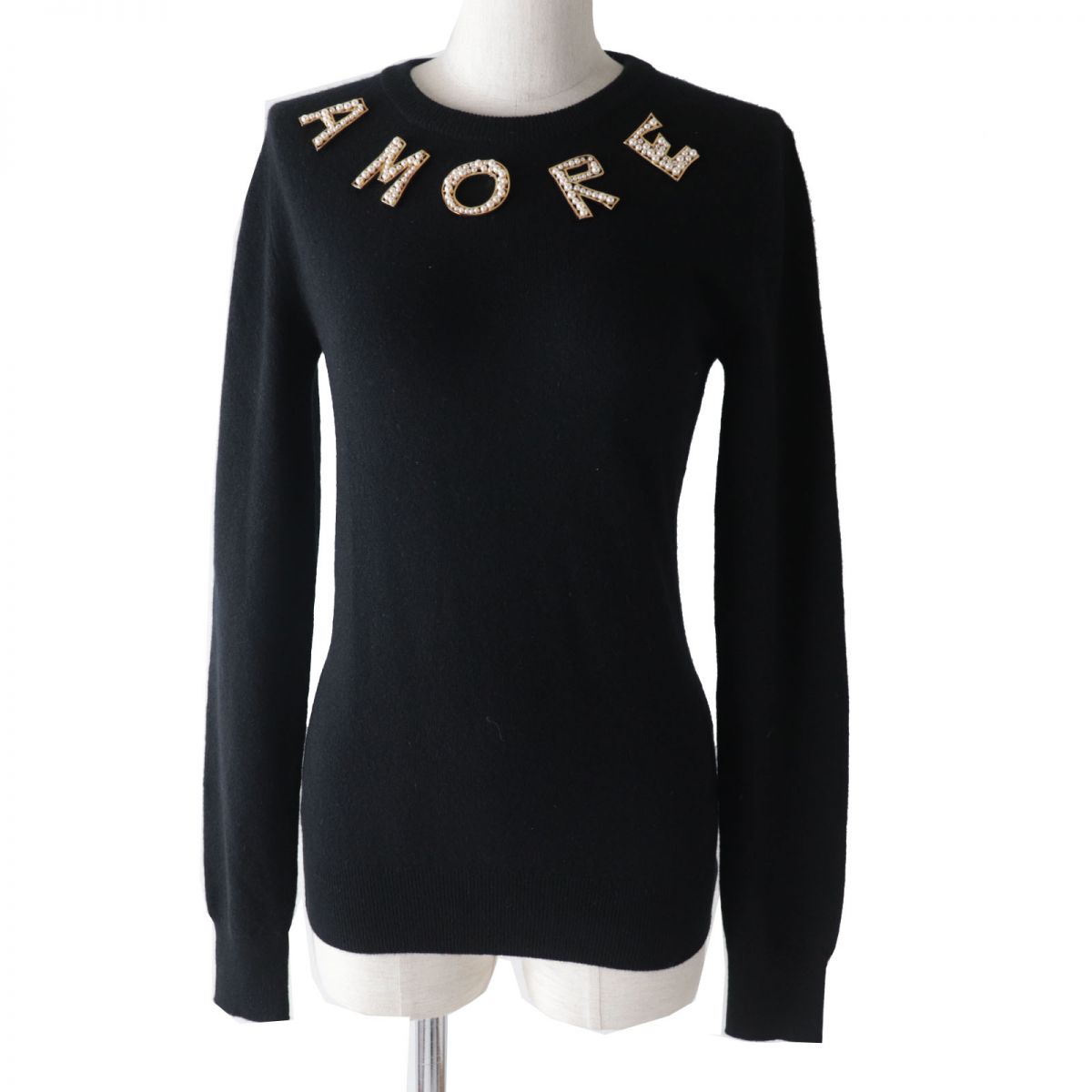 美品◎正規品 DOLCE&GABBANA ドルチェ＆ガッバーナ FM009K カシミヤ100％ Fパール AMORE 長袖 ニットプルオーバー 黒 40 伊製【中古】