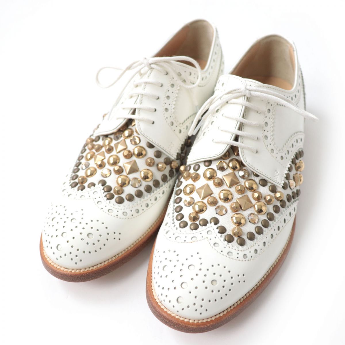 【ドンドン見直し】極美品☆DOLCE&GABBANA ドルチェ＆ガッバーナ 14644 スタッズ・ビジュー付 ウイングチップ レザー シューズ ホワイト 36 1/2 イタリア製【中古】