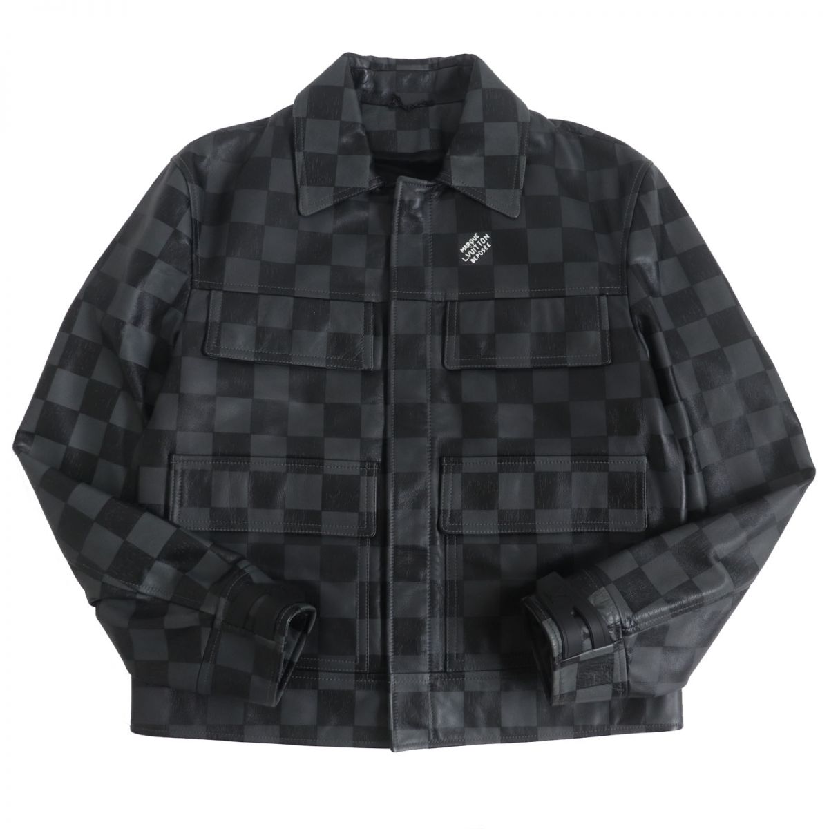 極美品□21AW LOUIS VUITTON/ルイヴィトン ダミエ ジップアップ カウハイド レザーブルゾンジャケット/ライダース グレー/黒 48 伊製 正規【中古】