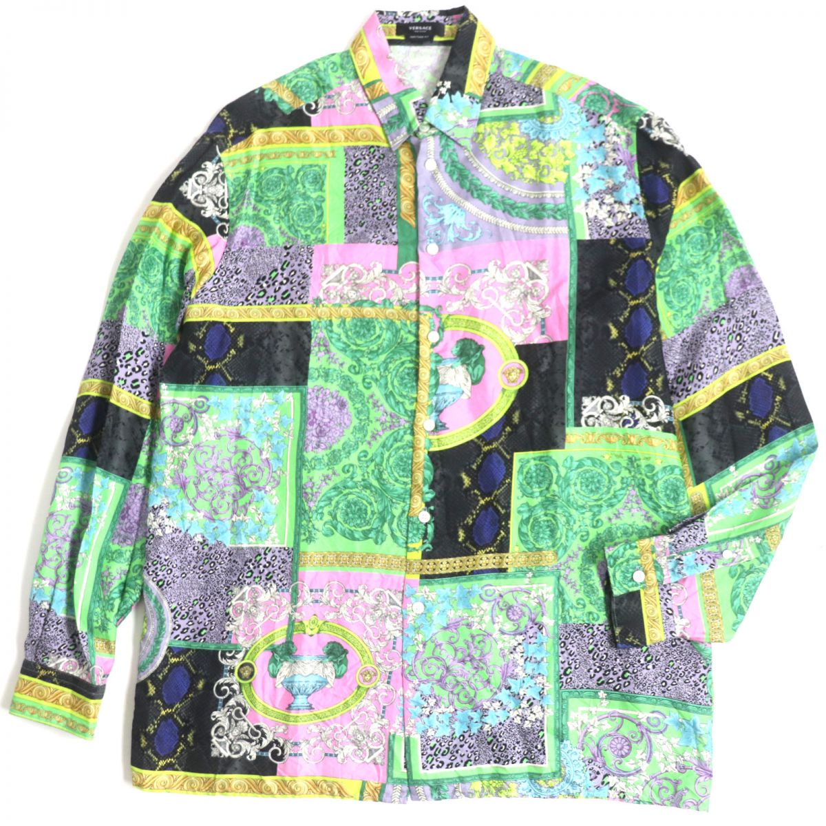 極美品▼2020年製 VERSACE ヴェルサーチ HERITAGE FIT メデューサ・バロッコ柄 長袖 シルクシャツ マルチ 40 175/88A メンズ 伊製 正規品【中古】