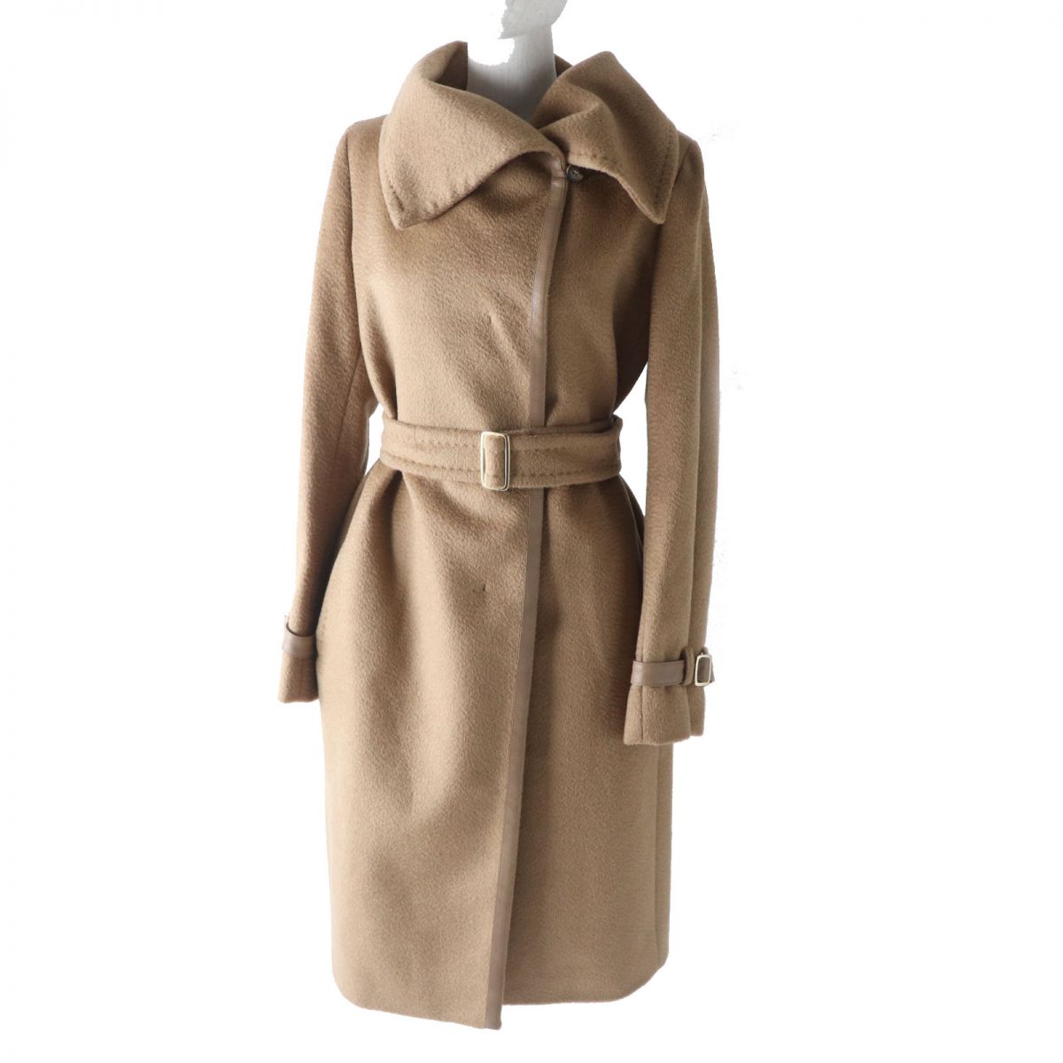 極美品◎正規品 白タグ MaxMara マックスマーラ レディース キャメル100％ レザー使い ベルテッド 超ロングコート キャメル 42 イタリア製【中古】