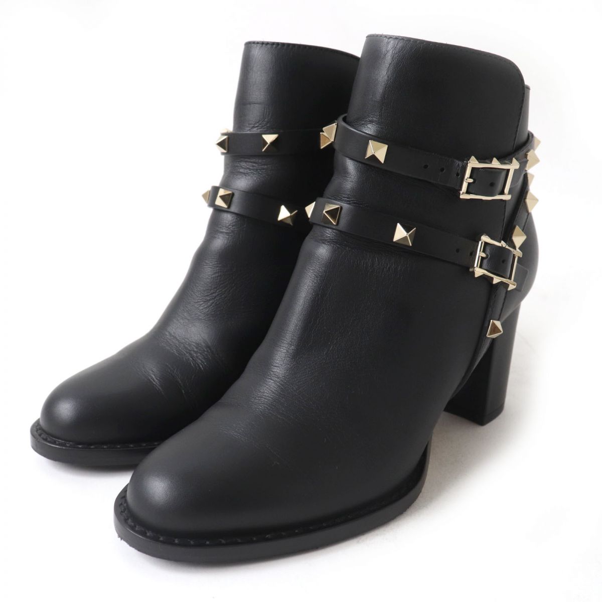 極美品☆VALENTINO GARAVANI ヴァレンティノガラヴァーニ ロックスタッズ付 ベルトデザイン レザー ショートブーツ ブラック 36 伊製【中古】