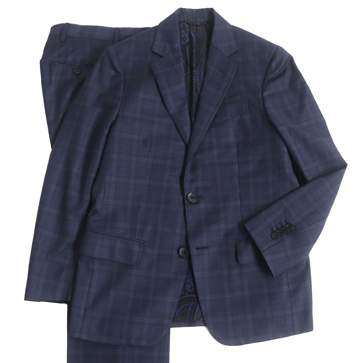 極美品□19AW ETRO/エトロ タータンチェック 裏ペイズリー柄 ロゴボタン ウール シングルスーツ 上下セットアップ ネイビー 44 伊製 正規品【中古】