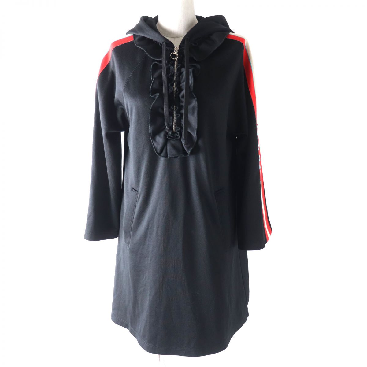 美品★正規品 GUCCI グッチ 19SS 502280 アームライン×ロゴデザイン ハーフZIP フーデッド ジャージードレス／ワンピース ブラック XS【中古】