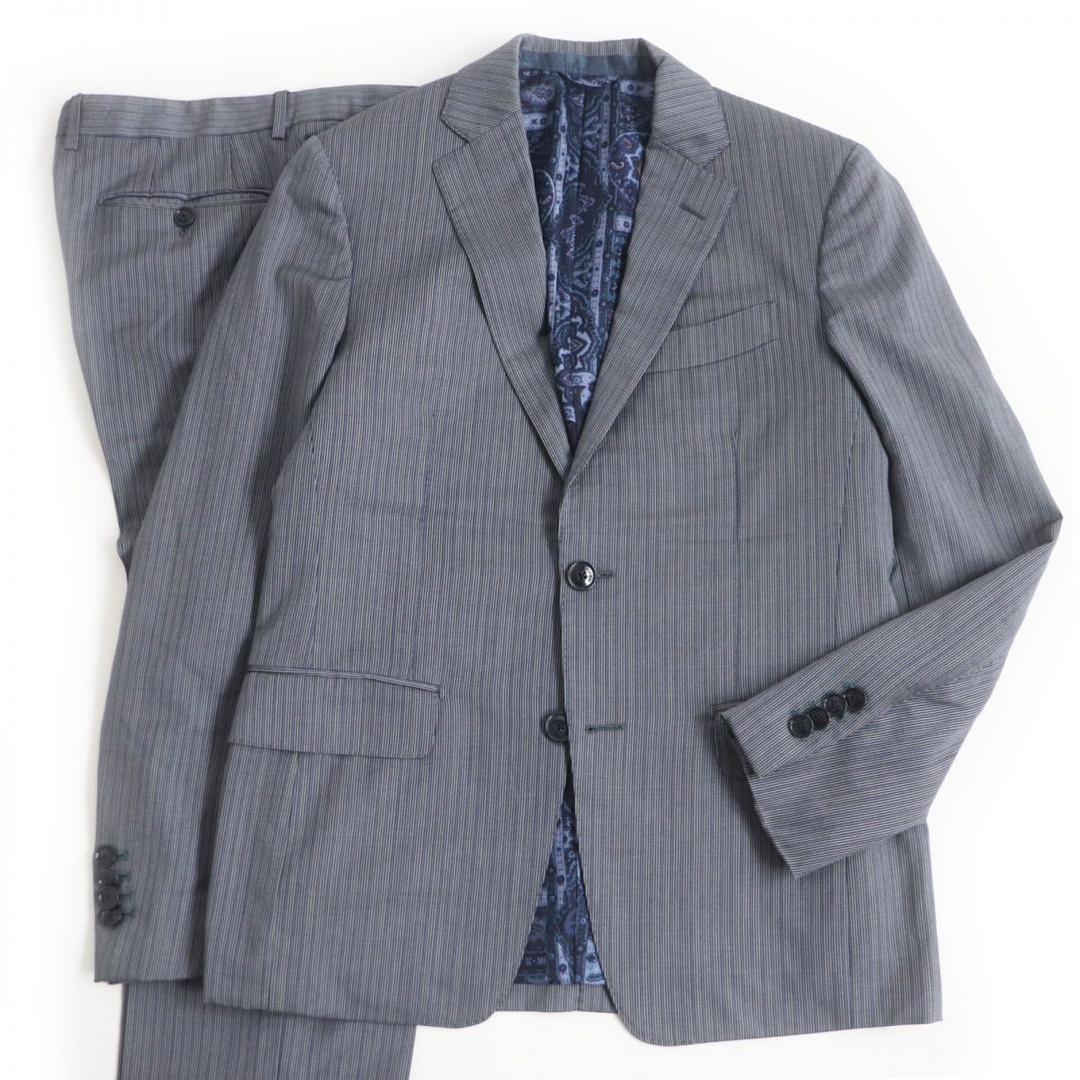 美品□ETRO/エトロ ストライプ/ペイズリー柄 裏シルク100％ ウール シングルスーツ 上下セットアップ ネイビー系 44 イタリア製 正規品【中古】