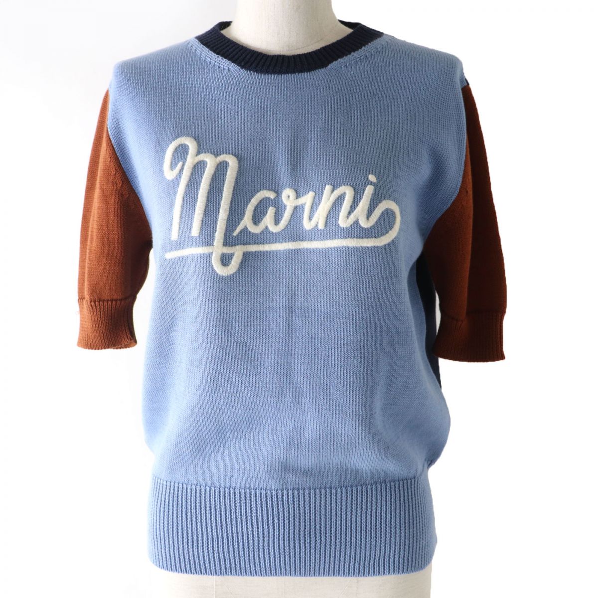 極美品☆正規品 MARNI マルニ 22SS GCMD0318EQ ロゴ刺繍入り ショートスリーブ/半袖 ニット トップス マルチカラー 42 イタリア製【中古】