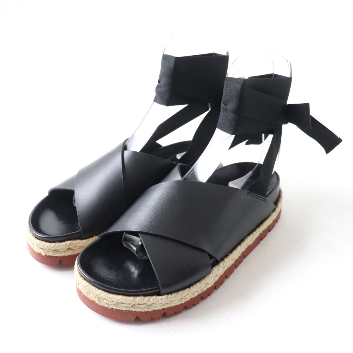【ドンドン見直し】未使用品★ MARNI マル二 アンクルリボン レザー サンダル レディース ブラック 黒 35 イタリア製 箱・保管袋付き エレガント◎【中古】
