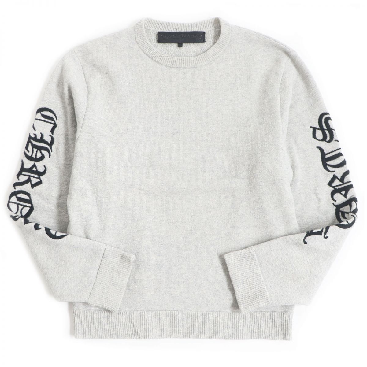 良品□CHROME HEARTS/クロムハーツ カシミヤ100％ スリーブロゴ クルーネック 長袖 ジャガードニット/セーター ライトグレー M USA製 正規【中古】
