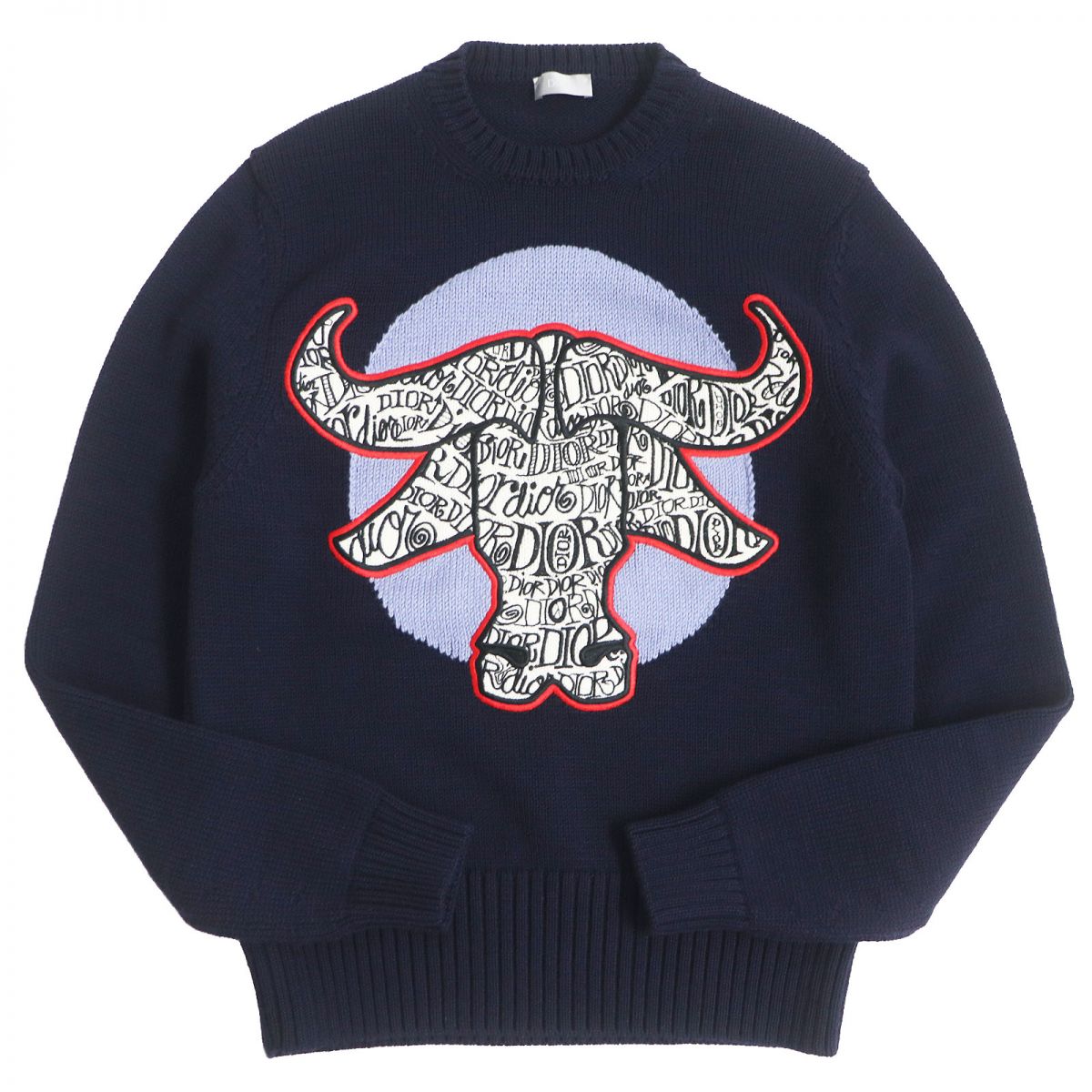 極美品□21SS ディオール オム×ショーンステューシー DIOR AND SHAWN BULL ロゴ刺繍 長袖ニット/セーター ネイビー XS イタリア製 正規品【中古】