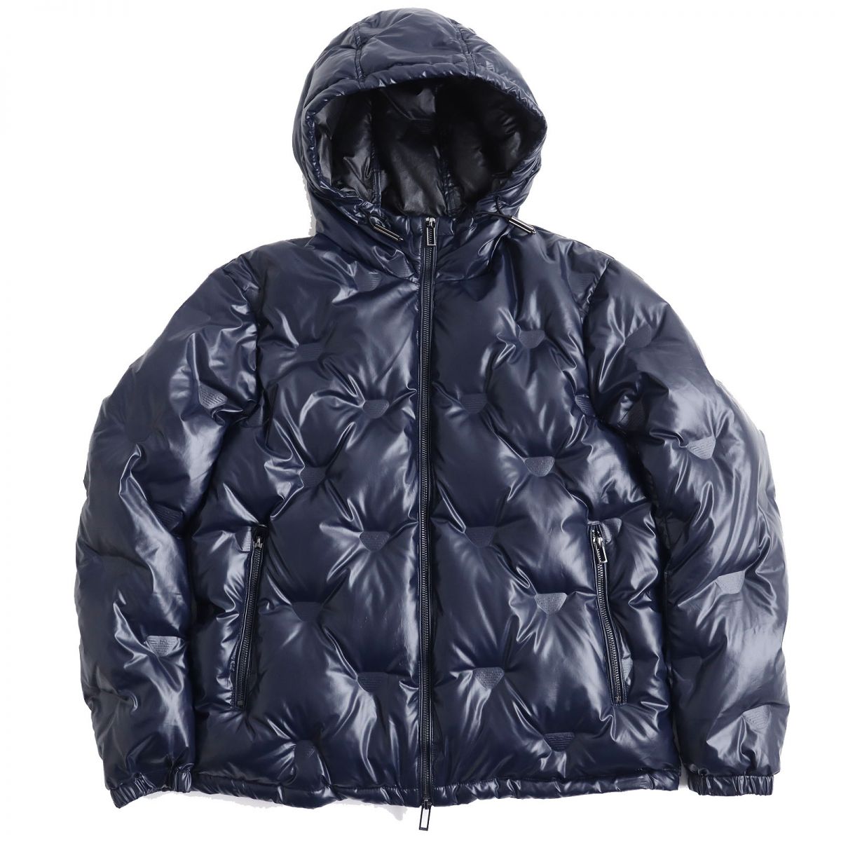 極美品△正規品 2021年 黒タグ EMPORIO ARMANI エンポリオアルマーニ ロゴエンボス ダブルジップ フーデッド ダウンジャケット ネイビー 48【中古】