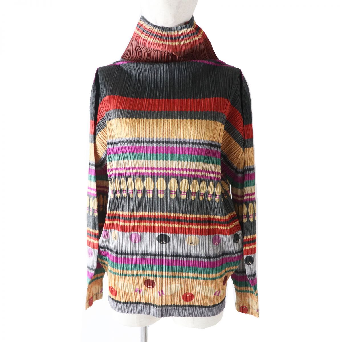 極美品◎正規品 希少 PLEATS PLEASE プリーツプリーズ PP73-JK652 レディース 長袖 ハイネック プリーツトップス ボーリング柄 マルチ 3【中古】