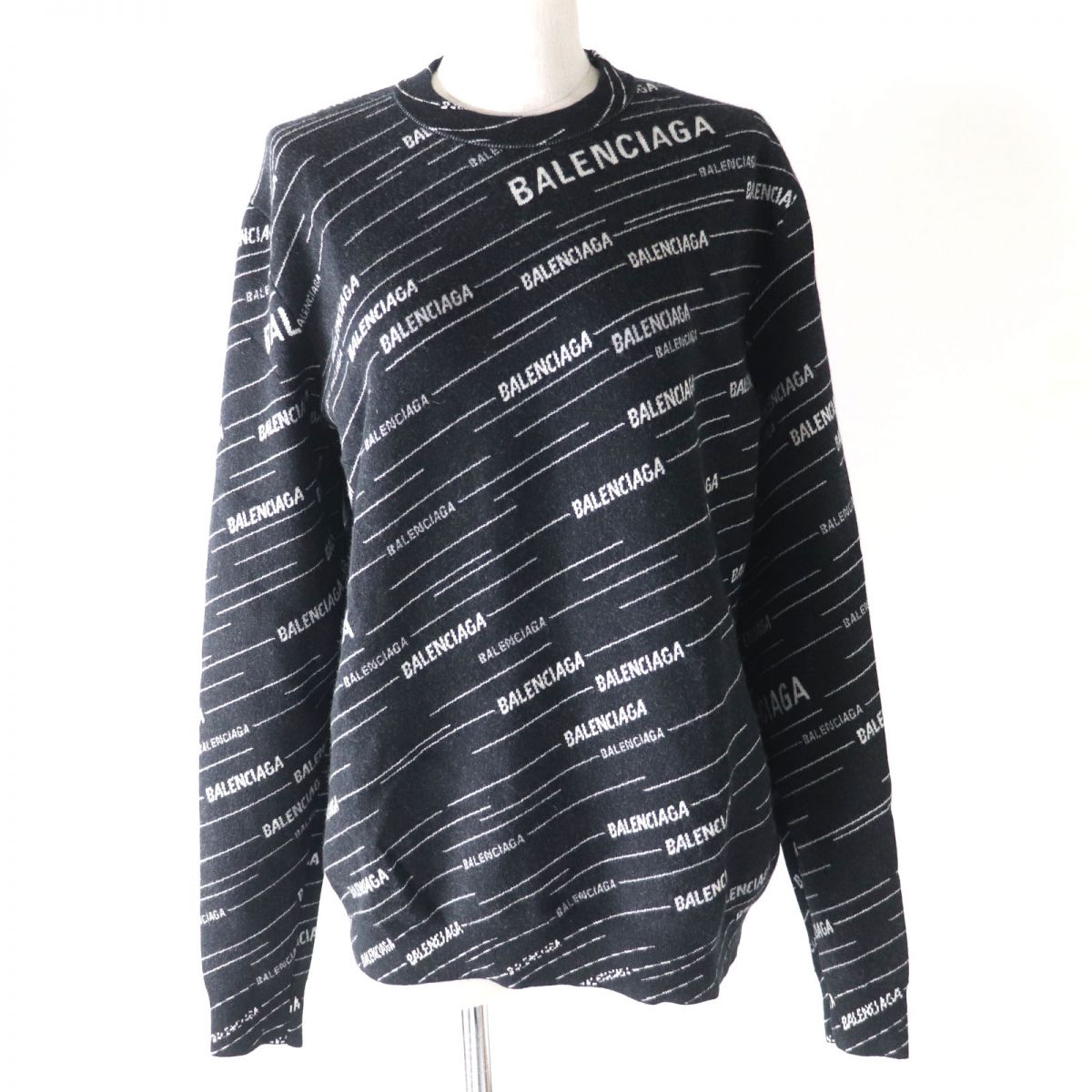極美品★正規品 BALENCIAGA バレンシアガ 2019年 559078 クルーネック ジャガードロゴ ニット セーター レディース ブラック×ホワイト XS【中古】