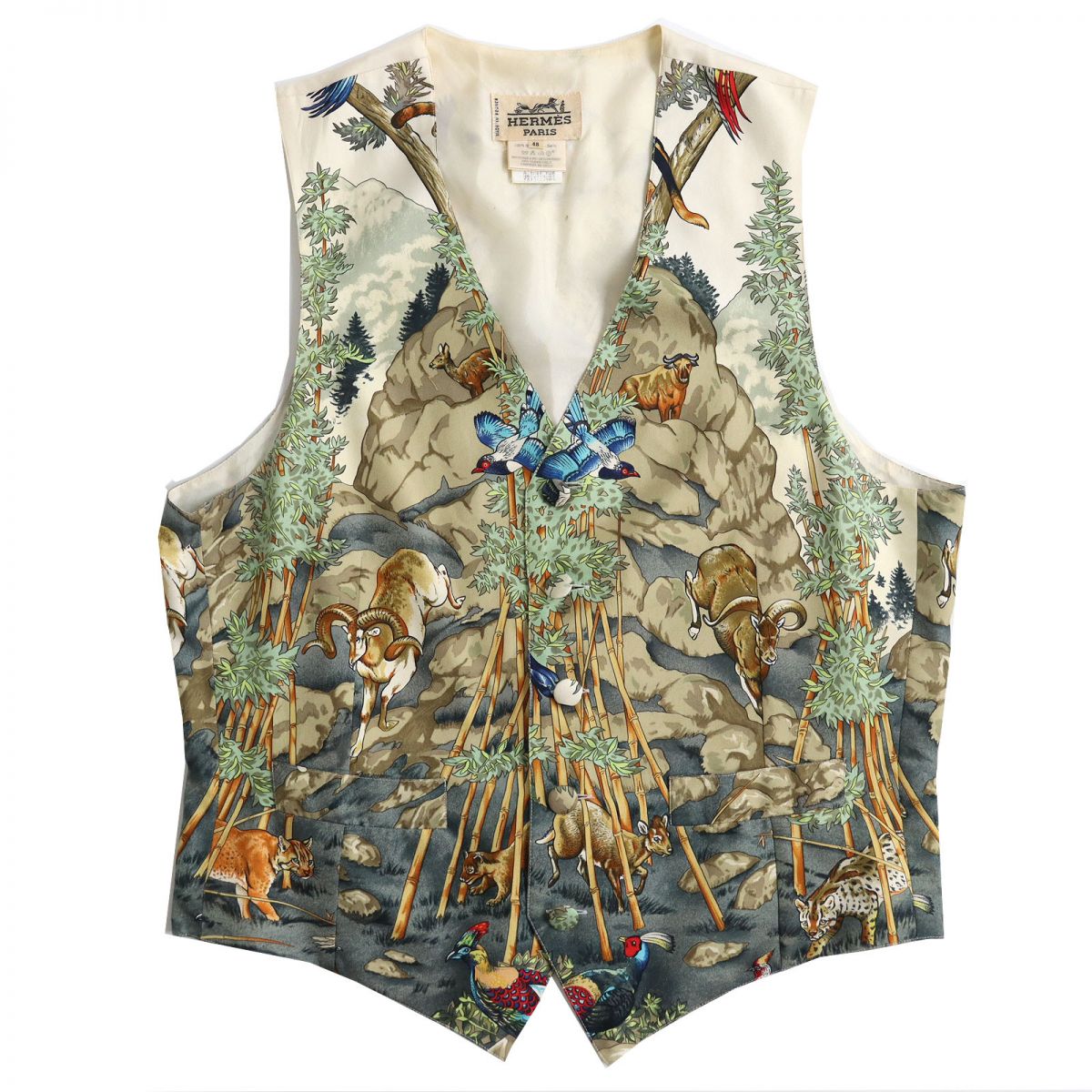 超希少△正規品 HERMES エルメス ヴィンテージ SICHUAN 四川省 アニマル柄 シルク100％ ジレ／ベスト マルチカラー 48 メンズ フランス製【中古】
